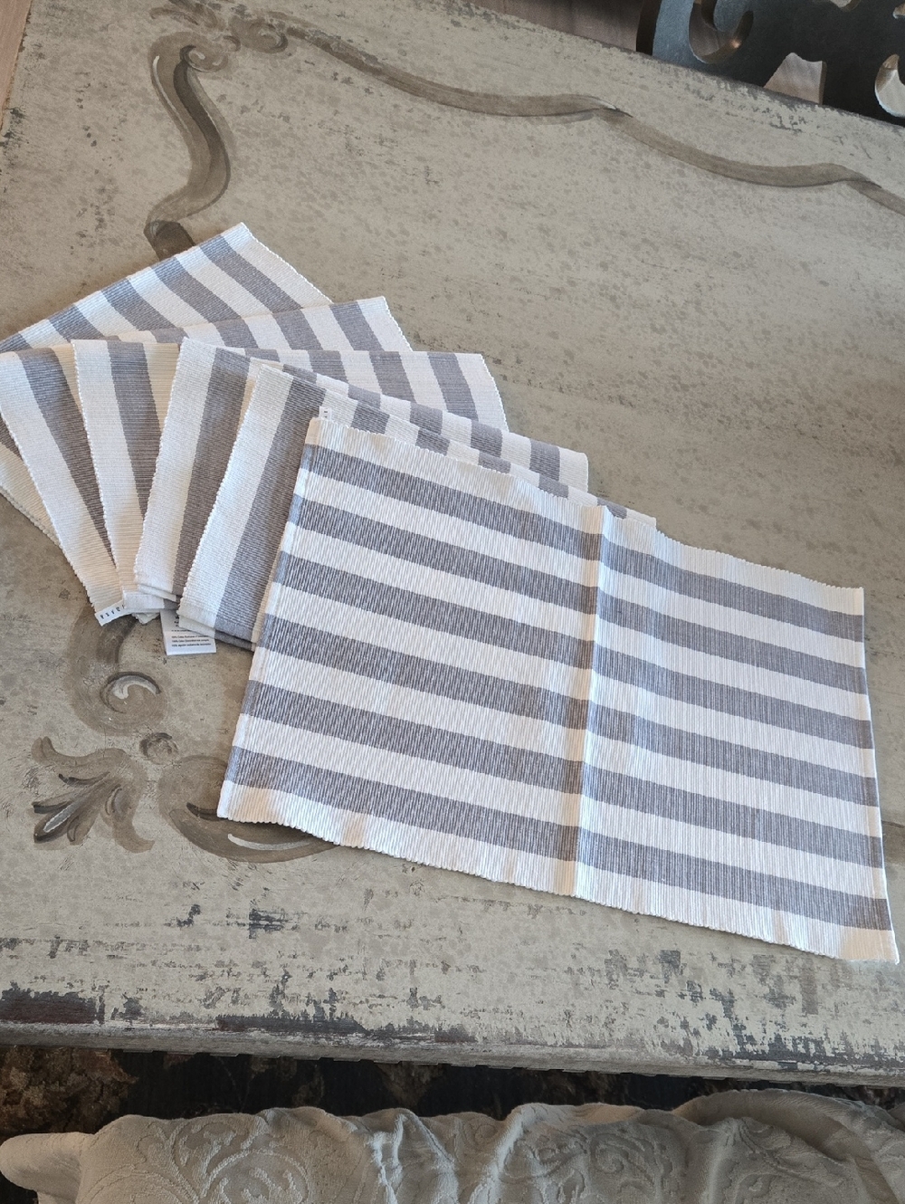 (6) Pottery Barn Gray and White Striped Cotton Placemats, NWT